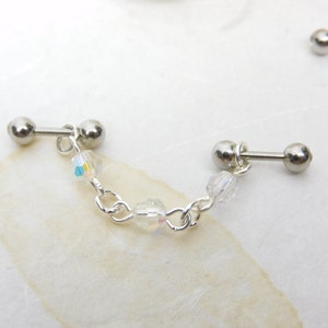 16g Industrial Barbell with Crystal Chain, Industrial Bar Earring, Cartilage Barbell, Steel Barbell, Body Jewelry