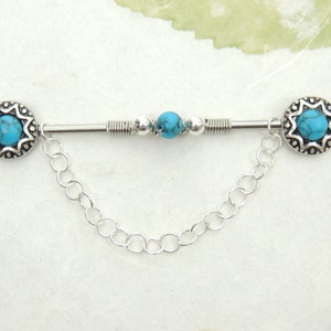 14g Turquoise Tribal Industrial Barbell with Wire Wrapped Bar and Chain, Scaffold Ear Earring, Chain Barbell