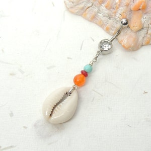 Cowrie Shell Dangle Belly Ring with Turquoise Ruby and Carnelian, Beach Belly Rings, Sea Shell Belly Ring