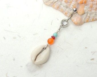 Cowrie Shell Dangle Belly Ring with Turquoise Ruby and Carnelian, Beach Belly Rings, Sea Shell Belly Ring