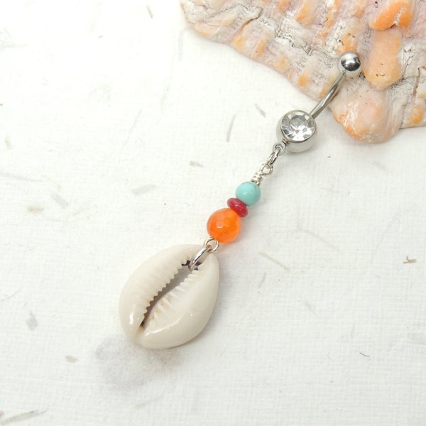 Cowrie Shell Dangle Belly Ring with Turquoise Ruby and Carnelian, Beach Belly Rings, Sea Shell Belly Ring