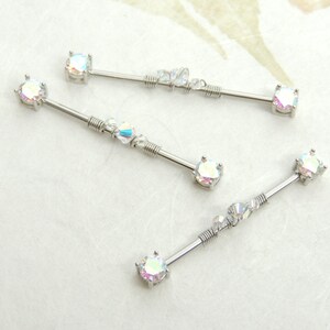 Aurora Borealis Wire Wrapped Industrial Barbell, Scaffold Ear Earring, Industrial Piercings, 14g Surgical Steel Body Jewelry 画像 6