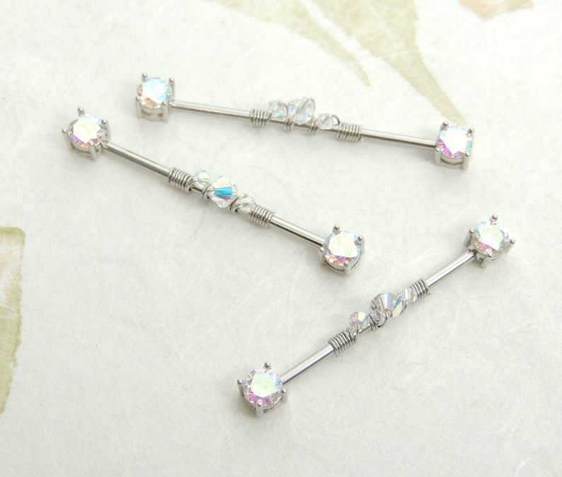 Aurora Borealis Wire Wrapped Industrial Barbell, Scaffold Ear Earring, Industrial Piercings, 14g Surgical Steel Body Jewelry 画像 6