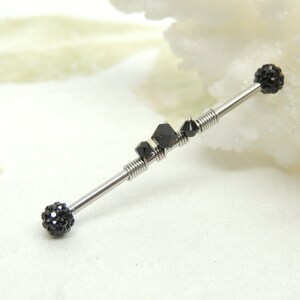Black Ferido Crystal Wire Wrapped Industrial Bar, Scaffold Ear Earring, Industrial Piercings, 14g Surgical Steel Body Jewelry