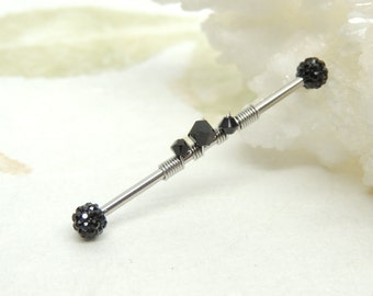 Black Ferido Crystal Wire Wrapped Industrial Bar, Scaffold Ear Earring, Industrial Piercings, 14g Surgical Steel Body Jewelry
