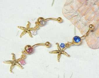 Gold Starfish Belly Button Ring, Dangle Belly Ring, Gold Belly Ring, Starfish Jewelry, Nautical Beach Belly Ring