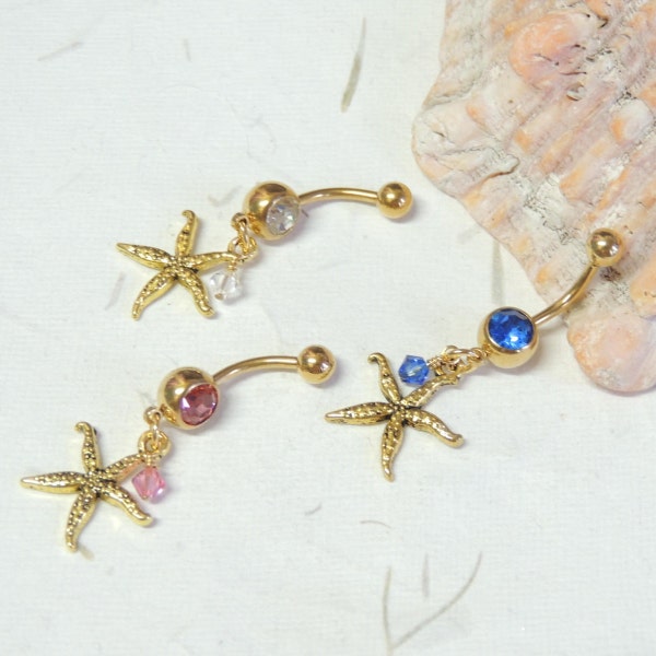 Gold Starfish Belly Button Ring, Dangle Belly Ring, Gold Belly Ring, Starfish Jewelry, Nautical Beach Belly Ring