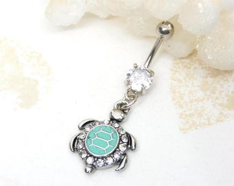 Turtle Dangle Belly Ring, Nautical Beach Ocean Jewelry, Sea Turtle