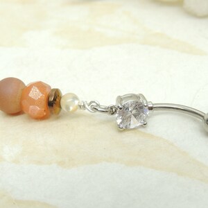 Champagne Druzy Sunstone and Mother of Pearl Belly Ring, Natural Stone Belly Ring, Handcrafted Body Jewelry