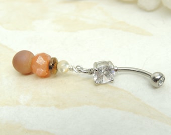 Champagne Druzy Sunstone y Mother of Pearl Belly Ring, Anillo de vientre de piedra natural, Joyería corporal hecha a mano