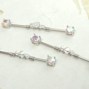 Aurora Borealis Wire Wrapped Industrial Barbell, Scaffold Ear Earring, Industrial Piercings, 14g Surgical Steel Body Jewelry 画像 5