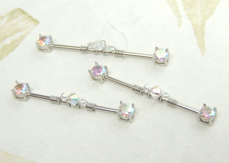 Aurora Borealis Wire Wrapped Industrial Barbell, Scaffold Ear Earring, Industrial Piercings, 14g Surgical Steel Body Jewelry 画像 5