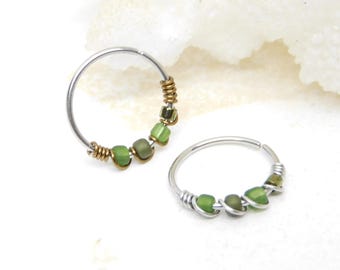 Olive Green Ombre Nose Hoop Ring, Tiny Snug Nose Ring, Nose Jewelry, Nose Hoop with Beads, 20g Nose Ring, Bohemian Jewelry, Tragus Hoop