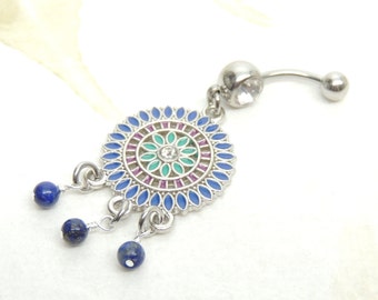 Blue Flower Mandala Belly Ring with Blue Lapis stone Dangles, Navel Piercing, Body Jewelry, Lapis Belly Ring