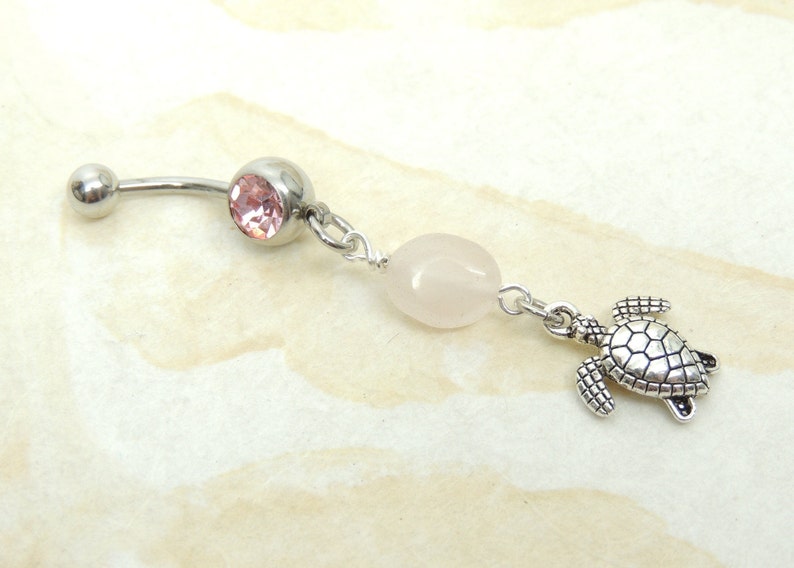 Turtle Belly Button Ring with Rose Quartz Dangle Belly Ring Turtle Lover Belly Button Jewelry Cute Belly Ring