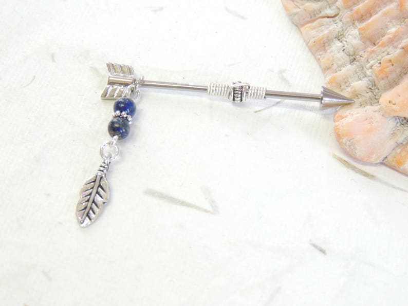 Boho Tribal Feather Arrow Industrial Barbell You Choose Gemstone 14g Surgical Steel Barbell Arrow Barbell