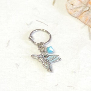 Hummingbird Cartilage Hoop Earring You Choose Crystal Color, CBR Captive Bead Ring, 316L Stainless Surgical Steel, Helix Earring