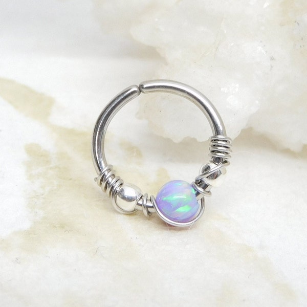 16g 18g 20g Lavender Opal Septum Ring, Opal Cartilage Hoop, Opal Nose Ring, Seamless Hoops, Septum Rings, Opal Body Jewelry