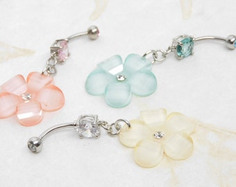 Shimmering Flower Belly Ring You Choose Color, Belly Button Jewelry, Dangle Belly Ring, 14g Prong Set, Pretty Belly Ring