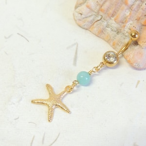 Starfish Belly Button Ring with Aquamarine, Dangle Belly Ring, Belly Button Jewelry, Nautical Beach Wedding, Cute Belly Ring