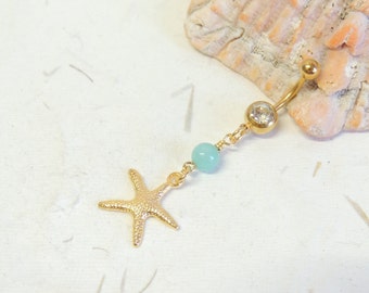 Starfish Belly Button Ring with Aquamarine, Dangle Belly Ring, Belly Button Jewelry, Nautical Beach Wedding, Cute Belly Ring