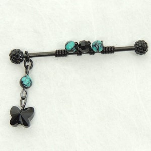 Black and Turquoise Butterfly Industrial Bar You Choose Bar Length, 14g Industrial Barbell, Scaffold Earring, Cartilage Earring