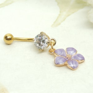 Purple Lilac Lavender Flower Belly Ring You Choose Barbell Style, Gold Belly Ring, 14g Surgical Steel Belly Bar