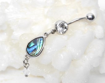Abalone Teardrop Dangle Belly Ring, Belly Button Jewelry, Abalone Jewelry, 14g Surgical Steel
