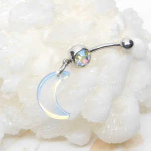 Crescent Moon Dangle Belly Ring, Celestial Belly Ring, Navel Piercing, Cute Belly Ring, 14g Curved Barbell
