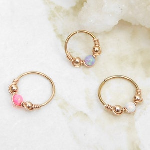 Rose Gold Opal Beaded Cartilage Hoop, Septum Nose Ring Hoop, Helix Daith Orbital Piercing, Seamless Hoops, Opal Body Jewelry
