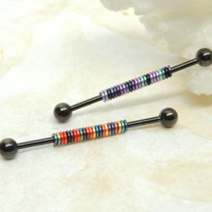 Wire Wrapped Industrial Bar You Choose Color and Bar Length, 14g Industrial Barbell, Black Titanium Anodized Industrial Bar