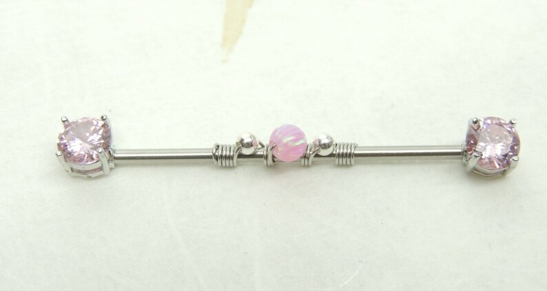 Industrial Piercings Pink Gem Wire Wrapped Industrial Barbell Scaffold Ear Earring 14g Surgical Steel Body Jewelry