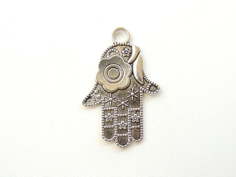 Jewish Hamsa Hand DIY Jewelry Making Supply. Silver Charms Large Hand Charm Flower Charms Large Hamsa Hand Pendant Charms 4 pc