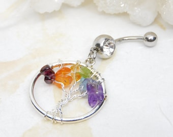 Gemstone Tree of Life Belly Ring, Chakra Dangle Belly Ring, Stone Belly Ring, Handcrafted Body Jewelry, Chakra Jewelry
