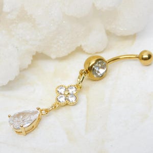 Golden Sparkle Teardrop Belly Ring, Navel Jewelry, Gold Belly Rings, Body Jewelry, 14g