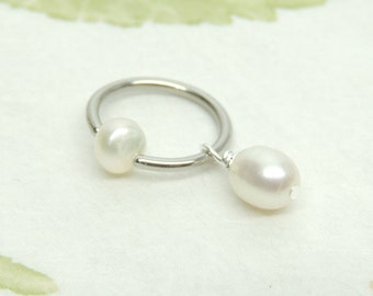 White Freshwater Pearl Hoop Belly Ring or Cartilage Hoop Earring, 14g 16g CBR Captive Bead Cartilage Earring, Bridal Body Jewelry