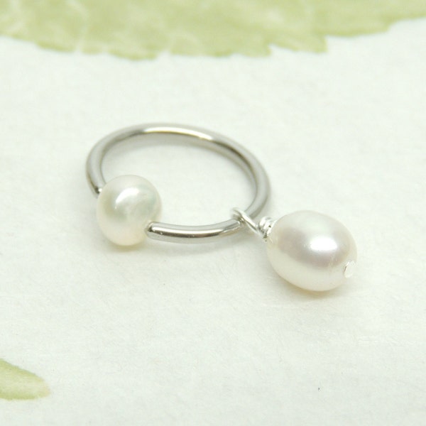 White Freshwater Pearl Hoop Belly Ring or Cartilage Hoop Earring, 14g 16g CBR Captive Bead Cartilage Earring, Bridal Body Jewelry