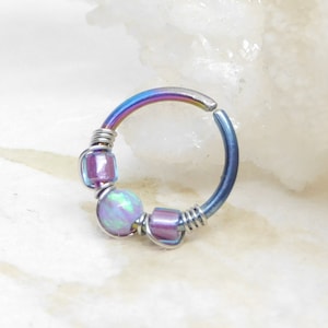 16g Lavender Opal Niobium Septum Ring, Opal Cartilage Hoop, Opal Nose Ring, Niobium Hoop, Colorful Anodized Niobium