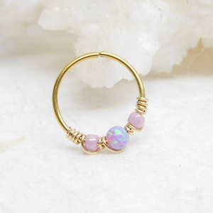 Gold Lavender Opal Beaded Cartilage Hoop, Helix Daith Orbital Piercing, Seamless Hoops, Opal Body Jewelry, Gold Nose Ring