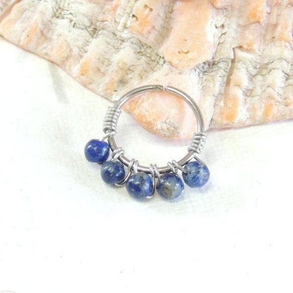 Lapis Beaded Nose Ring Hoop, Wire Wrapped Cartilage Hoop Earring, Helix Daith Orbital Piercing, Seamless Hoops, Septum Ring, Lapis Lazuli