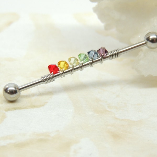 14g 16g Rainbow Industrial Barbell, Wire Wrapped Industrial Barbell, Scaffold Ear Earring, Rainbow Chakra, Gay Pride Jewelry