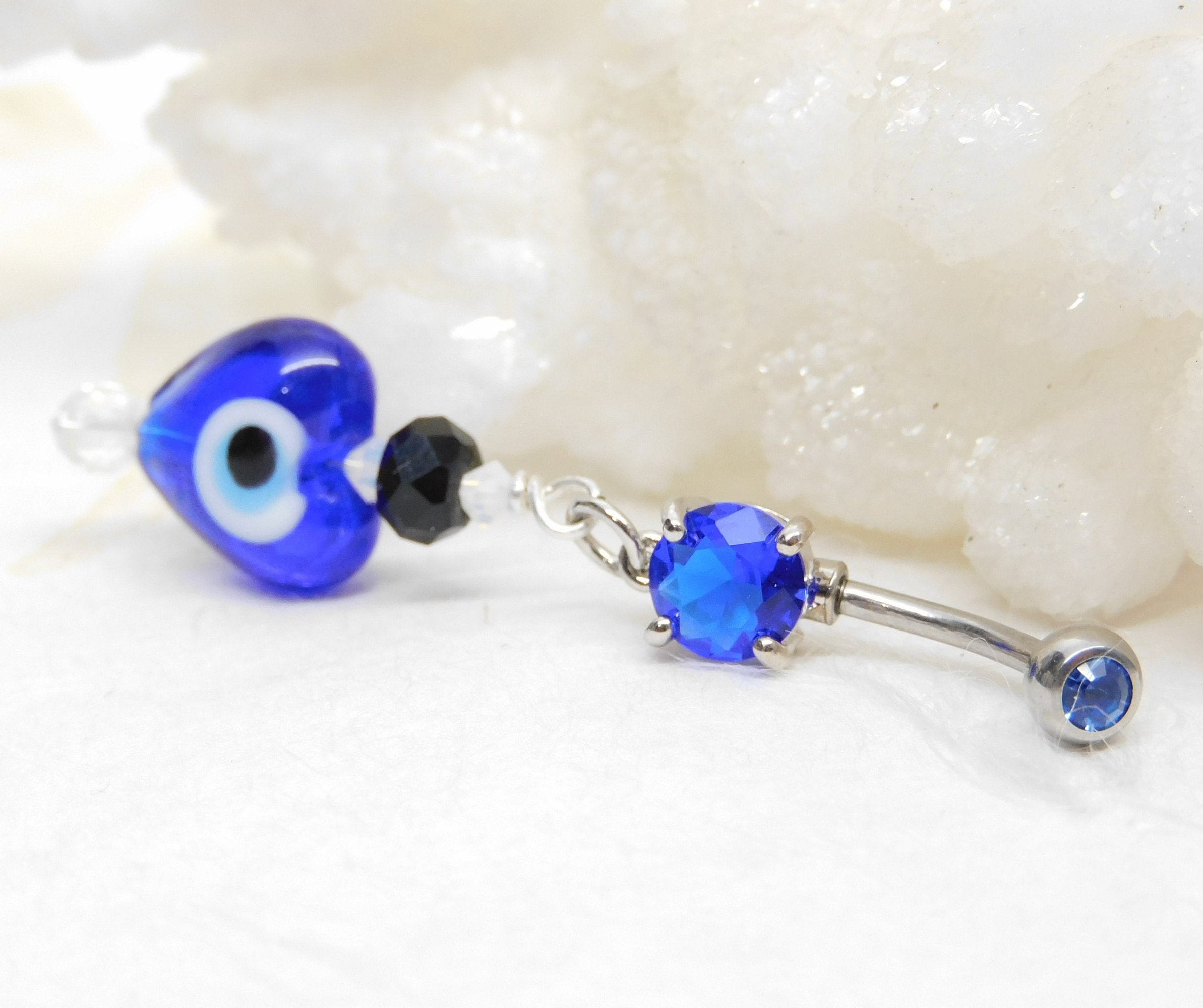 Evil Eye Heart Dangle Belly Ring All Seeing Eye 14g Prong Set
