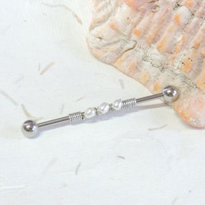 Wire Wrapped Pearl Industrial Barbell, Upper Ear Cartilage, Scaffold Piercing, Industrial Piercings, Barbells