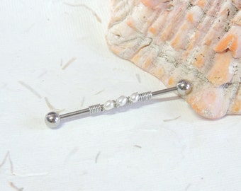 Wire Wrapped Pearl Industrial Barbell, Upper Ear Cartilage, Scaffold Piercing, Industrial Piercings, Barbells