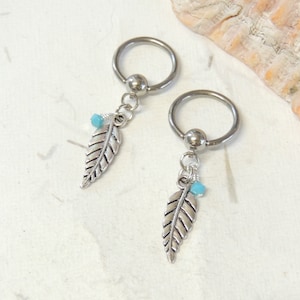 Turquoise Leaf Nipple Rings, CBR Captive Nipple Rings, 14g 16g Nipple Rings, Nipple Rings, Nipple Jewelry, Dangle Nipple Rings