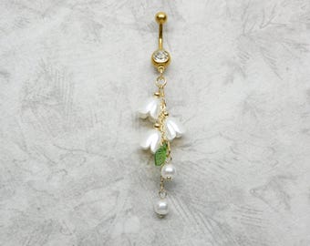 Long Dangle Flower Belly Ring, 14g Body Jewelry, Gold Belly Bar