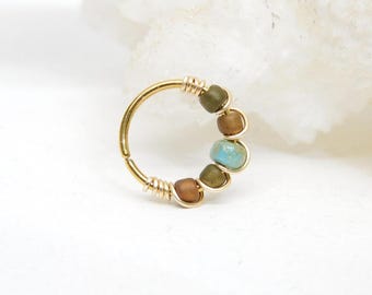 Modern Beaded Tiny Nose Hoop Ring, Cartilage Conch Hoop Earring, 20g, Boho Jewelry