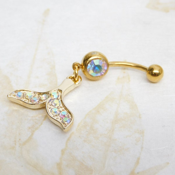 Bague de ventre dorée AB scintillant queue de baleine, bijoux queue de baleine, bijoux de nombril, anneau de ventre or, barre d'haltères incurvée 14 g, anneau de ventre pendant
