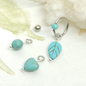 Interchangeable Leaf Heart Turquoise Stone Belly Ring Gift Set, 14g 16g CBR Captive Bead Ring, Turquoise Hoop