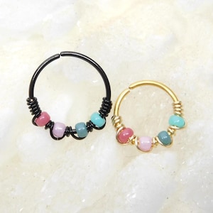 Colorful Tiny Snug Nose Ring, Nose Jewelry, Nose Hoop with Beads, 20g Nose Ring, Bohemian Jewelry, Tragus Hoop
